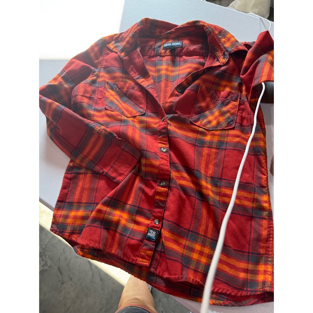 Real Work Flannel Shirt Red Orange Plaid Button Down Long Sleeve Boys Large